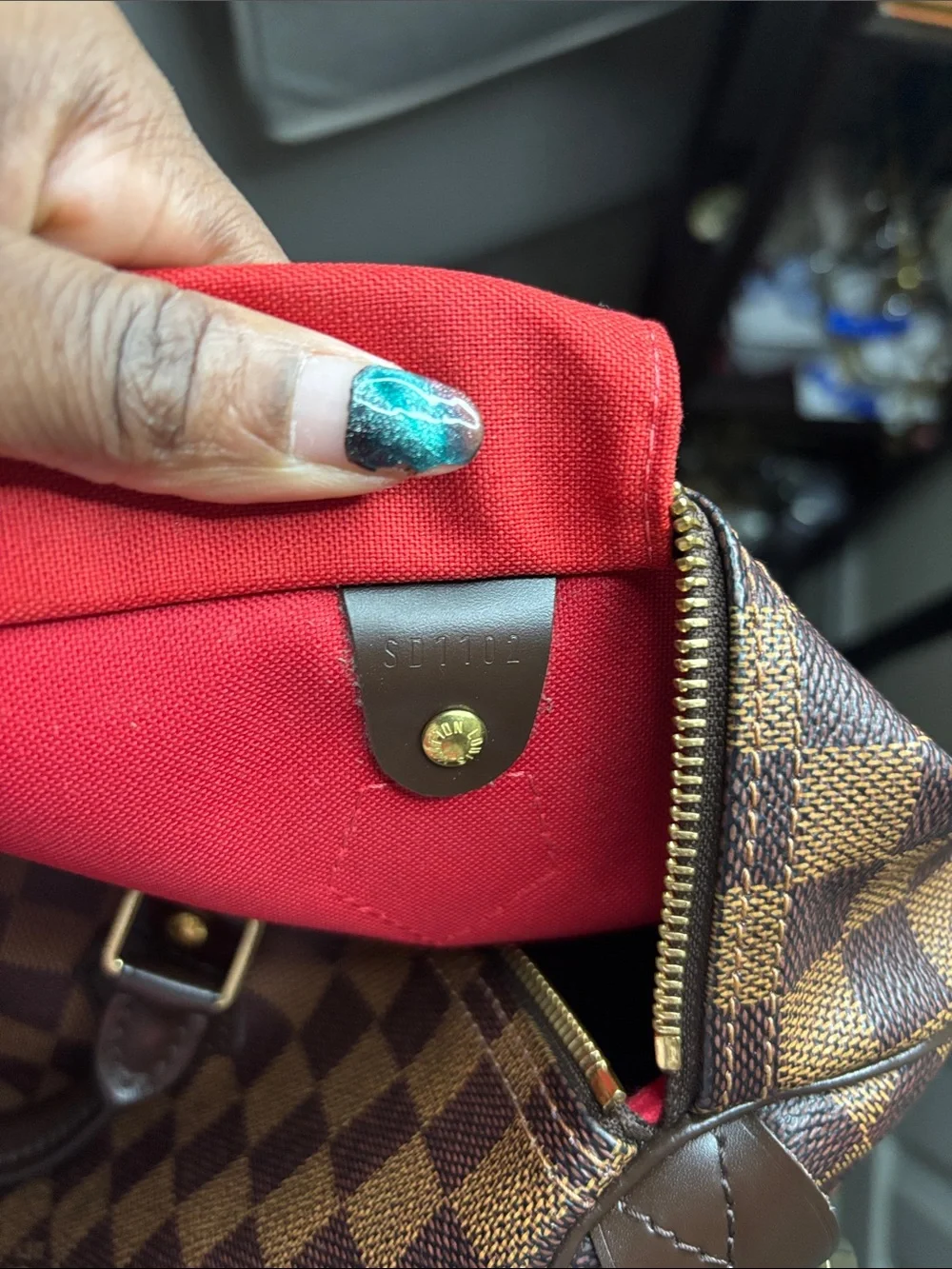 Louis Vuitton Damier Ebene Speedy 35 Satchel with Red Interior